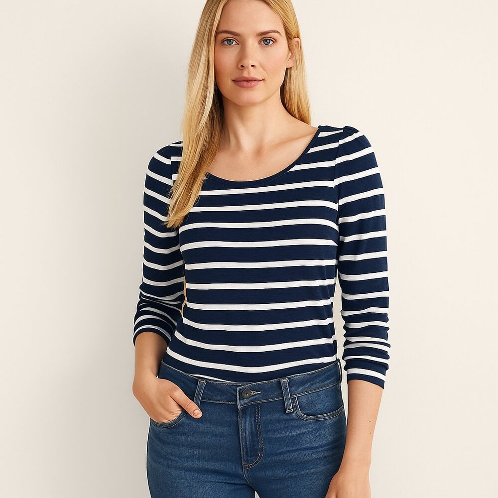 NWT White House Black Market Puff Sleeve Tee Spaced Stripe Twilight Navy #WHBM31